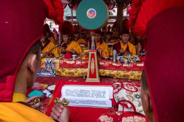 Resident monk reciting sacred pecha texts during morning liturgy