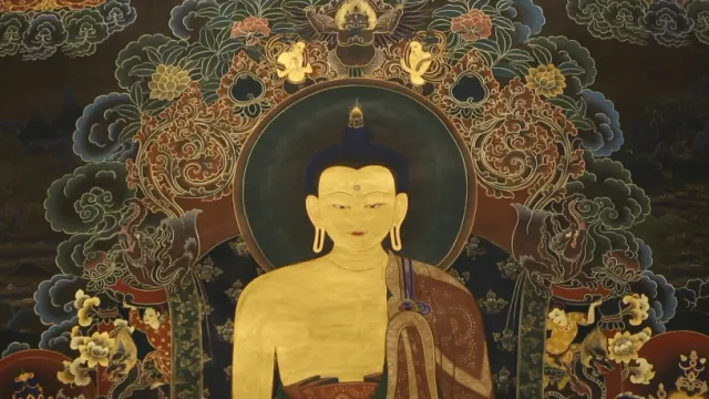 Detailed traditional thangka depicting the Buddha and lineage deities